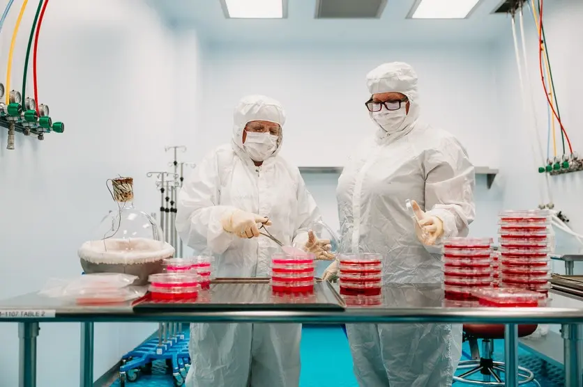 Research scientists working with laboratory equipment and petri dishes